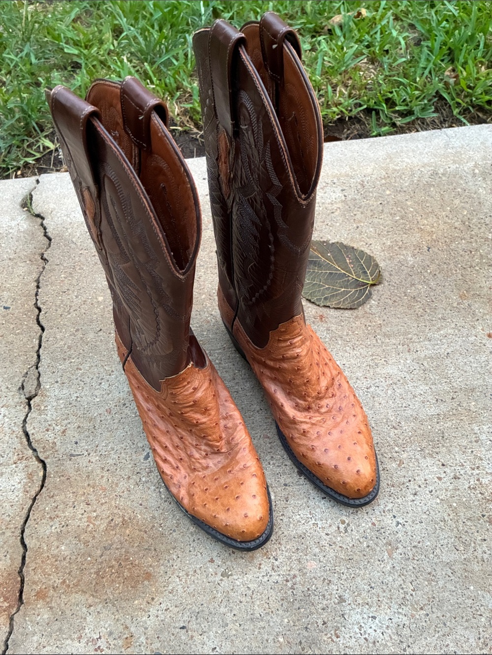 Men's Two-Tone Brown Ostrich Leather Cowboy Boots